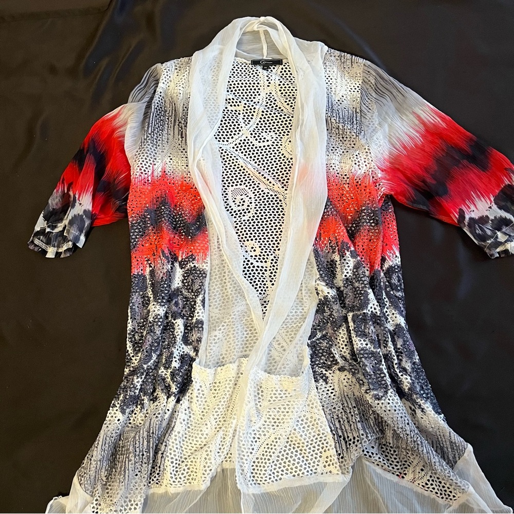 Size XL Cativa Sheer Crochet Open-Front Kimono - White